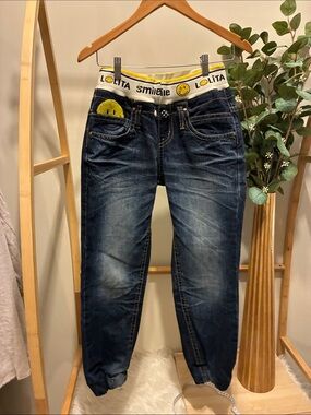 Yoshitomo Nara Lolita Vintage Y2K Dark Blue Boyfriend Jeans with Yellow Smiley